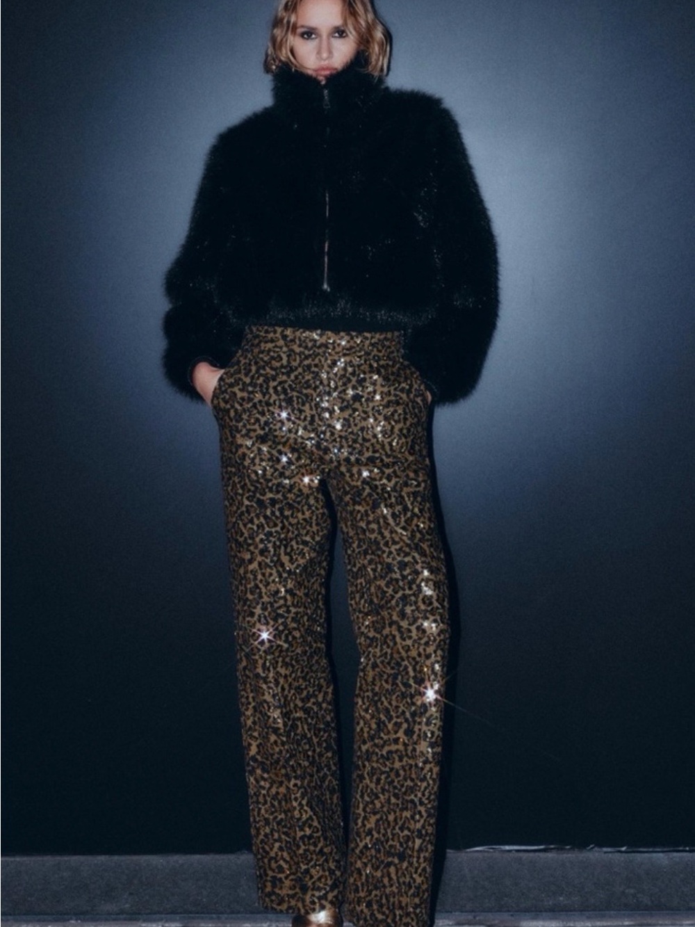 NWT Zara Animal Print Sequin Straight Leg Pants Size S - Picture 2 of 5